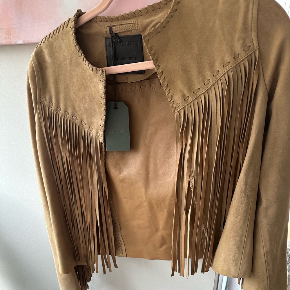 All saints suede Fringe jacket nwt. Original price 729.00 . Size 4